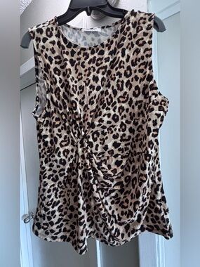 Zenana Outfitters Leopard Twist-Front Sleeveless Top - Beige/Black/Brown